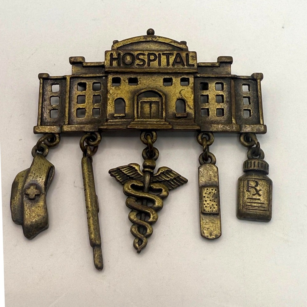 JJ Jonette Hospital Brooch Medical Nurse Doctor Dangle Charms Vintage Pin